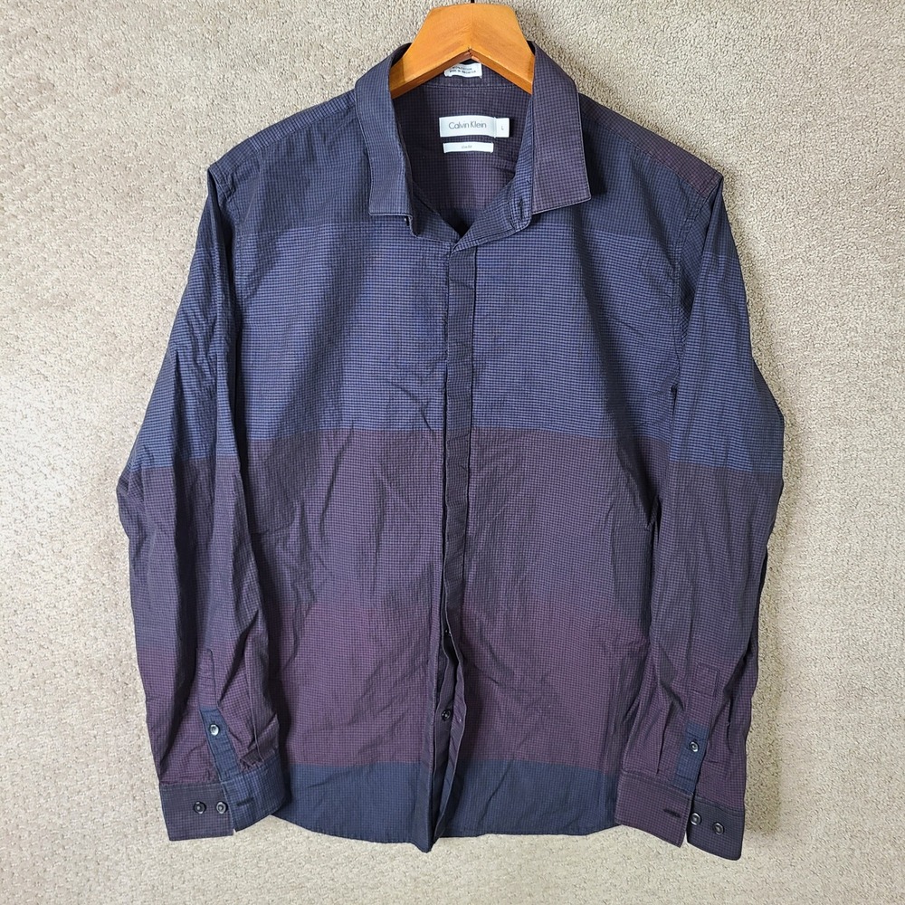 Calvin Klein Shirt Mens L Purple Blue Check Slim Fit Cotton‎ Long Sleeve Casual